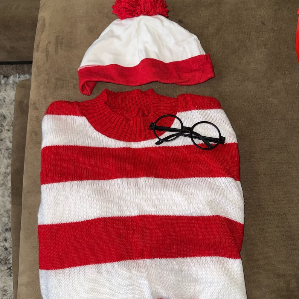 Red & White Striped Knit Sweater with Pom Beanie